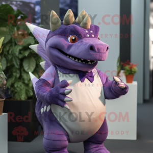 Purple Stegosaurus mascot costume character dressed with a Oxford Shirt and Brooches