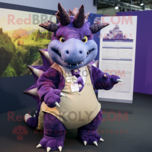 Purple Stegosaurus mascot costume character dressed with a Oxford Shirt and Brooches