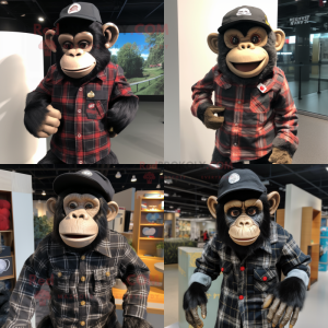 Black Chimpanzee mascot costume character dressed with a Flannel Shirt and Berets