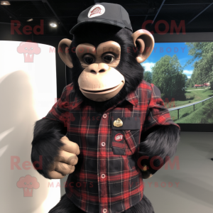Black Chimpanzee mascot costume character dressed with a Flannel Shirt and Berets