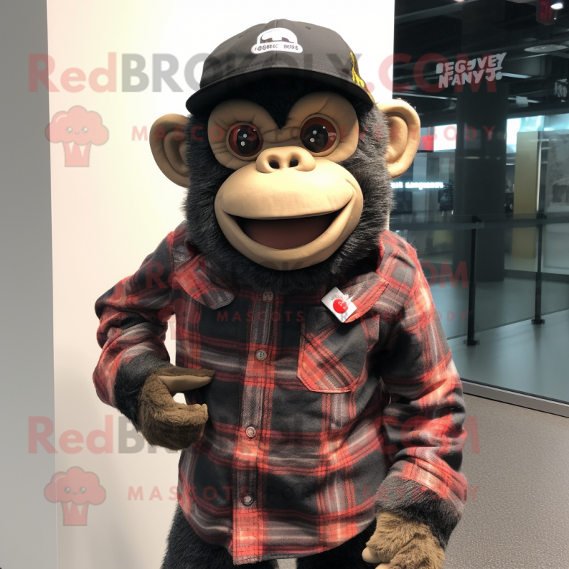 Black Chimpanzee mascot costume character dressed with a Flannel Shirt and Berets Black Chimpanzee mascot costume character dressed with a Flannel Shirt and Berets