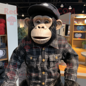 Black Chimpanzee mascot costume character dressed with a Flannel Shirt and Berets