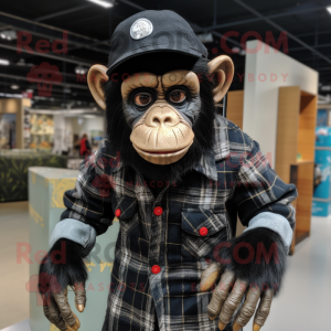 Black Chimpanzee mascot costume character dressed with a Flannel Shirt and Berets