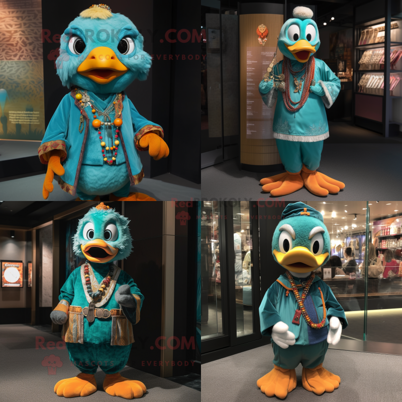 Teal Mandarin mascot costume character dressed with a Corduroy Pants and Necklaces