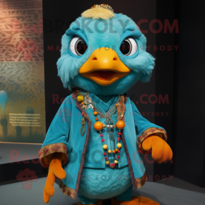 Teal Mandarin mascot costume character dressed with a Corduroy Pants and Necklaces