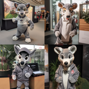 Gray Thylacosmilus mascot costume character dressed with a Sweatshirt and Pocket squares