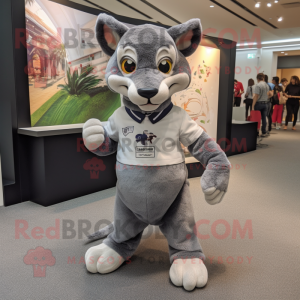 Gray Thylacosmilus mascot costume character dressed with a Sweatshirt and Pocket squares