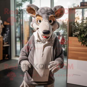 Gray Thylacosmilus mascot costume character dressed with a Sweatshirt and Pocket squares