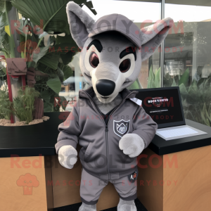 Gray Thylacosmilus mascot costume character dressed with a Sweatshirt and Pocket squares