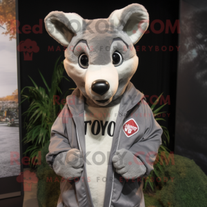 Gray Thylacosmilus mascot costume character dressed with a Sweatshirt and Pocket squares