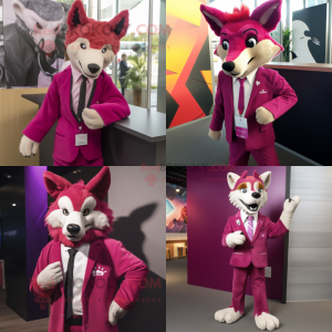 Magenta Dingo mascot costume character dressed with a Suit Jacket and Earrings