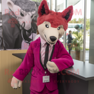 Magenta Dingo mascot costume character dressed with a Suit Jacket and Earrings
