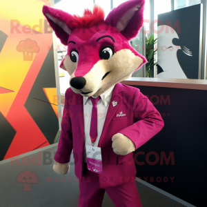 Magenta Dingo mascot costume character dressed with a Suit Jacket and Earrings