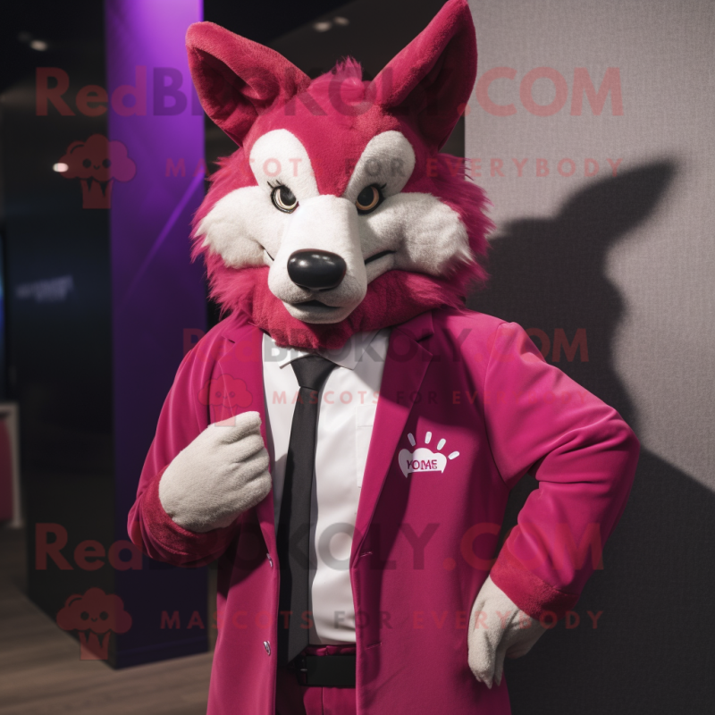 Magenta Dingo mascot costume character dressed with a Suit Jacket and Earrings