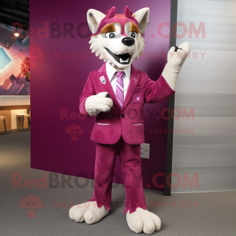 Magenta Dingo mascot costume character dressed with a Suit Jacket and Earrings