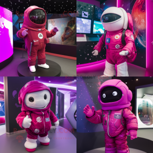 Magenta Astronaut mascot costume character dressed with a Waistcoat and Shawls