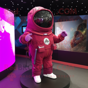 Magenta Astronaut mascot costume character dressed with a Waistcoat and Shawls