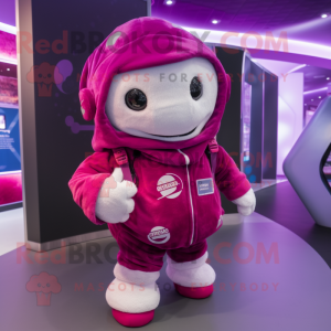 Magenta Astronaut mascot costume character dressed with a Waistcoat and Shawls