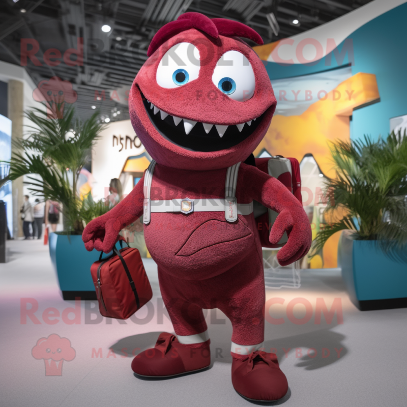 Maroon Barracuda mascot costume character dressed with a Romper and Handbags