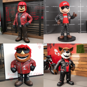 Red Steak mascot costume character dressed with a Biker Jacket and Shoe laces