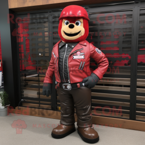 Red Steak mascot costume character dressed with a Biker Jacket and Shoe laces