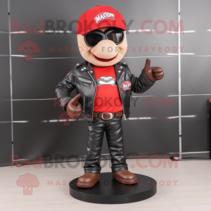 Red Steak mascot costume character dressed with a Biker Jacket and Shoe laces