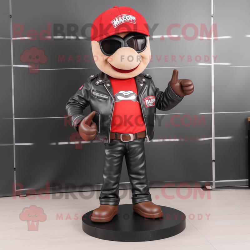 Red Steak mascot costume character dressed with a Biker Jacket and Shoe laces Red Steak mascot costume character dressed with a Biker Jacket and Shoe laces