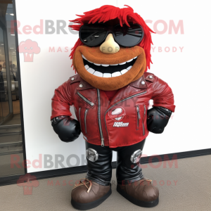 Red Steak mascot costume character dressed with a Biker Jacket and Shoe laces