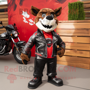 Red Steak mascot costume character dressed with a Biker Jacket and Shoe laces