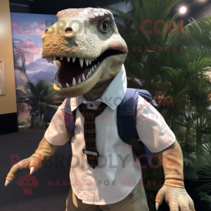 nan Tyrannosaurus mascot costume character dressed with a Dress Shirt and Backpacks
