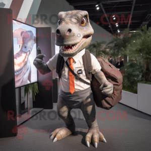 nan Tyrannosaurus mascot costume character dressed with a Dress Shirt and Backpacks