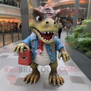 nan Tyrannosaurus mascot costume character dressed with a Dress Shirt and Backpacks