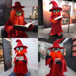 Red Witch mascot costume character dressed with a Suit and Reading glasses