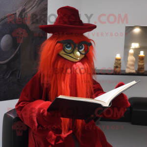 Red Witch mascot costume character dressed with a Suit and Reading glasses