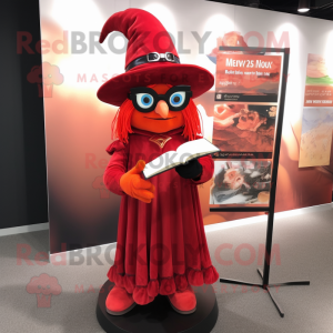 Red Witch mascot costume character dressed with a Suit and Reading glasses