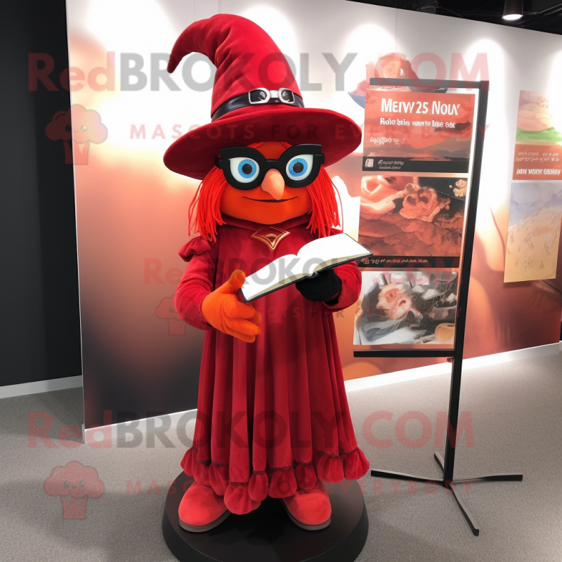 Red Witch mascot costume character dressed with a Suit and Reading glasses