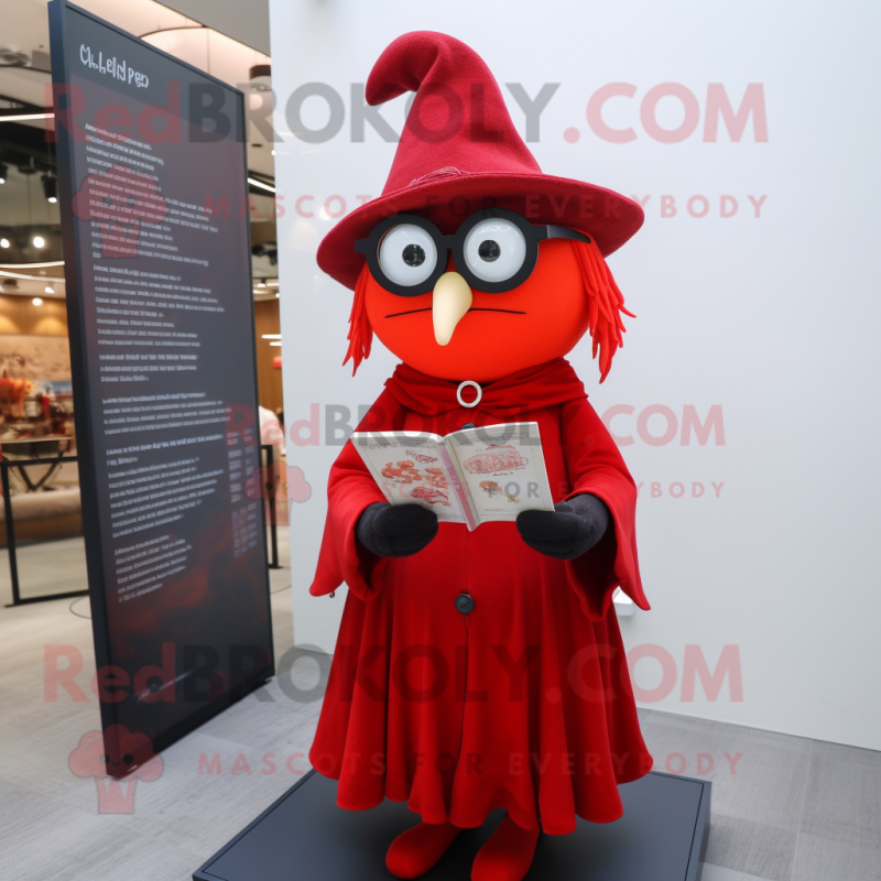 Red Witch mascot costume character dressed with a Suit and Reading glasses