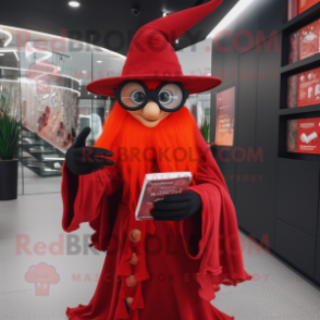 Red Witch mascot costume character dressed with a Suit and Reading glasses