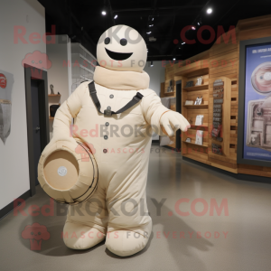 Cream Human Cannon Ball mascot costume character dressed with a Vest and Tote bags