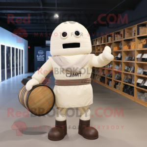 Cream Human Cannon Ball mascot costume character dressed with a Vest and Tote bags