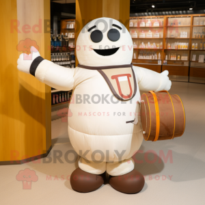 Cream Human Cannon Ball mascot costume character dressed with a Vest and Tote bags