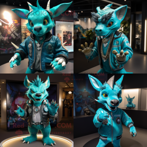 Turquoise Chupacabra mascot costume character dressed with a Bomber Jacket and Necklaces