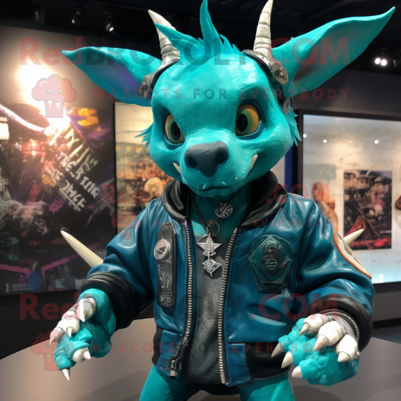 Turquoise Chupacabra mascot costume character dressed with a Bomber Jacket and Necklaces