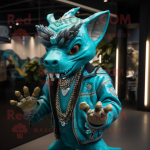 Turquoise Chupacabra mascot costume character dressed with a Bomber Jacket and Necklaces