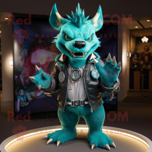 Turquoise Chupacabra mascot costume character dressed with a Bomber Jacket and Necklaces