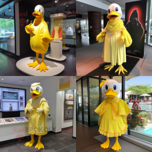 Lemon Yellow Muscovy Duck mascot costume character dressed with a One-Piece Swimsuit and Shawl pins