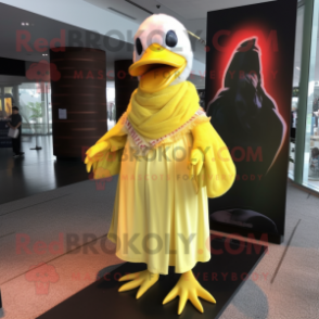 Lemon Yellow Muscovy Duck mascot costume character dressed with a One-Piece Swimsuit and Shawl pins