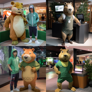 Olive Capybara mascot costume character dressed with a Joggers and Watches