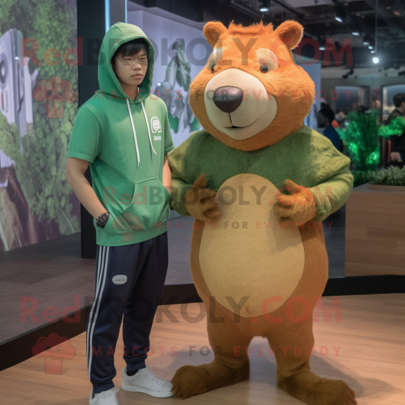 Olive Capybara mascot costume character dressed with a Joggers and Watches