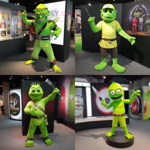 Lime Green Knife Thrower mascot costume character dressed with a T-Shirt and Bracelet watches